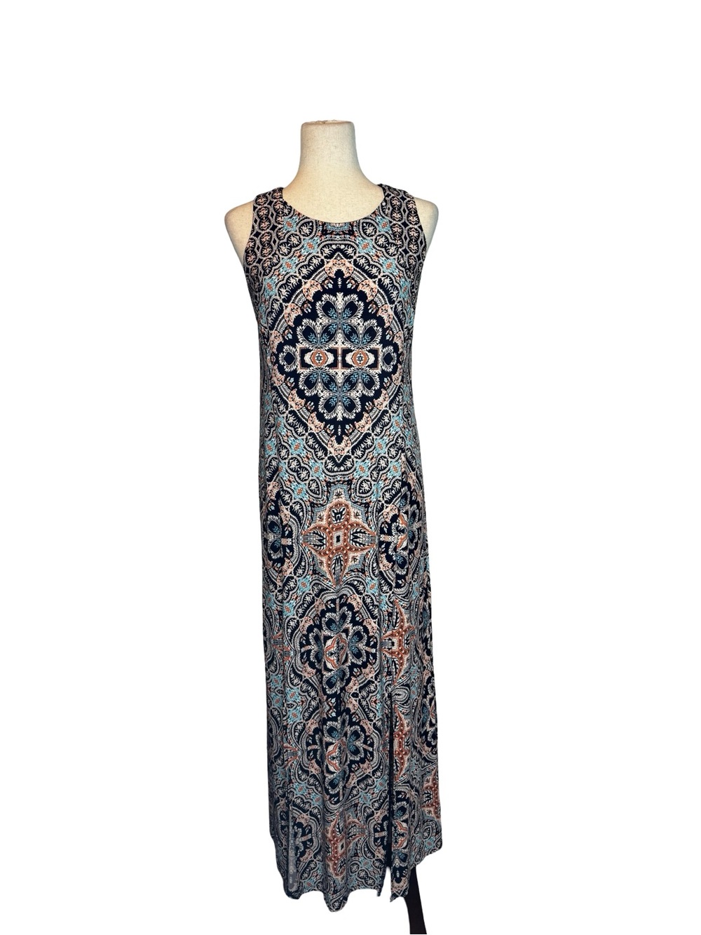 Chico's Sleeveless Navy, Teal & Tan Print Summer Maxi Dress 0/S